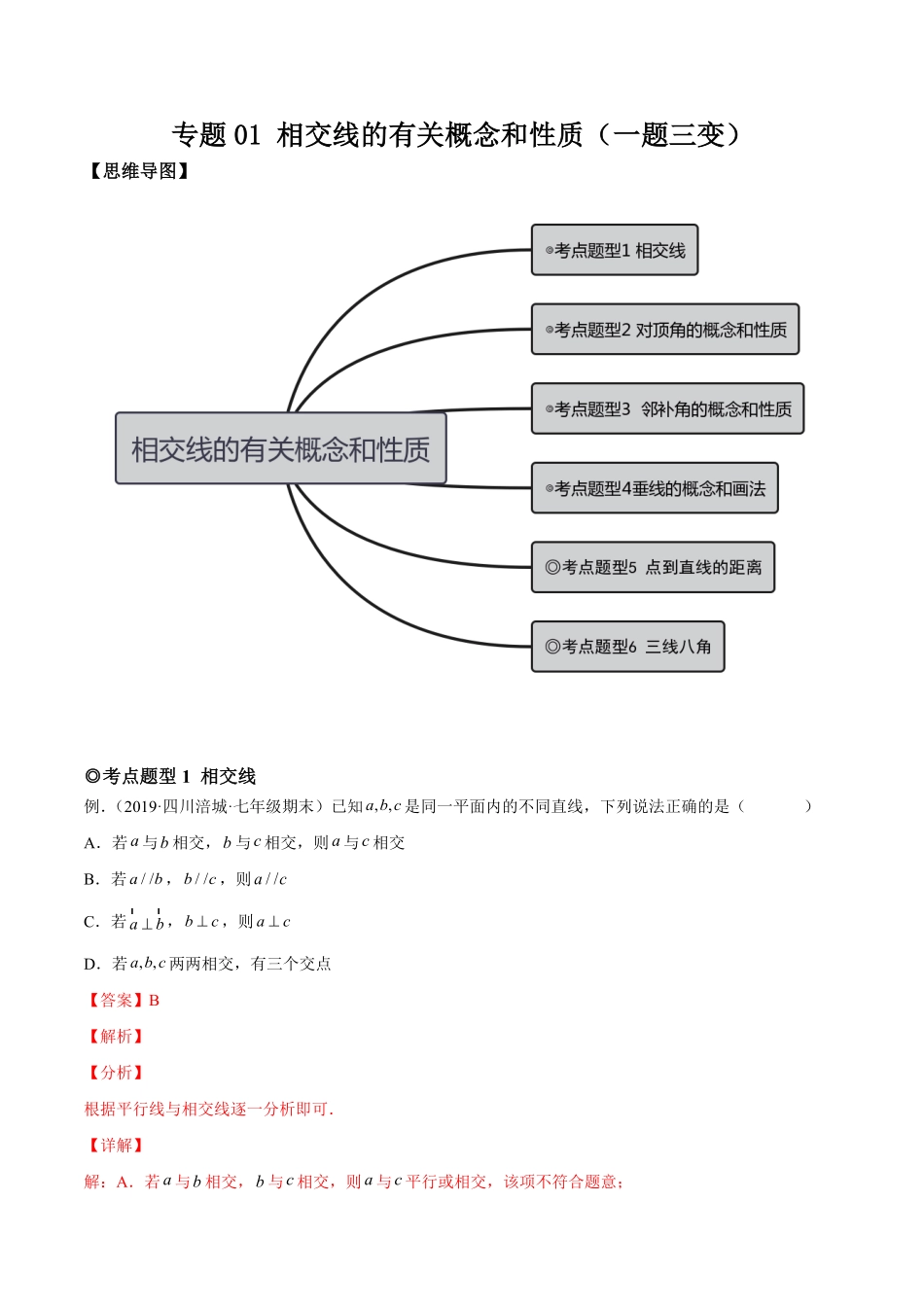 部编数学七年级下册专题01相交线的有关概念和性质(题型汇编)【一题三变系列】考点题型汇编+强化练习(人教版)(解析版)含答案.pdf_第1页