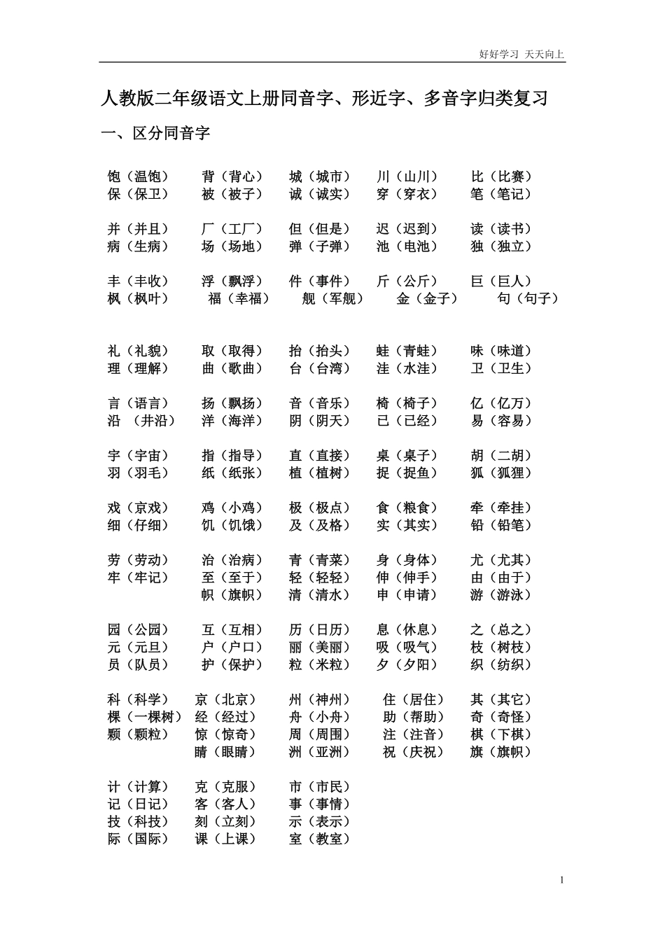 人教版二年级语文上册同音字、形近字、多音字归类复习.pdf_第1页