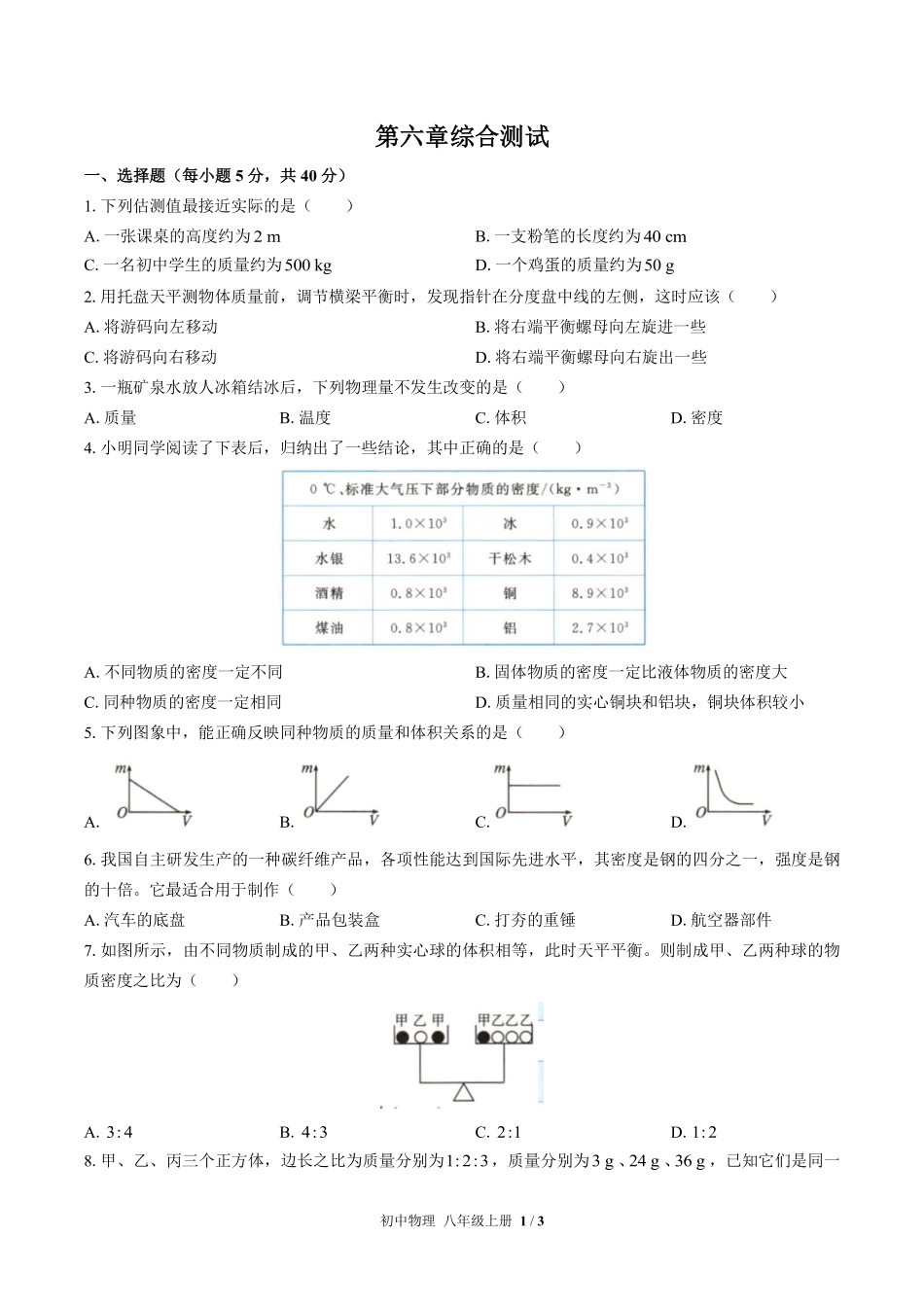人教版初中物理八年级上册第六章综合测试02含答案解析.pdf_第1页