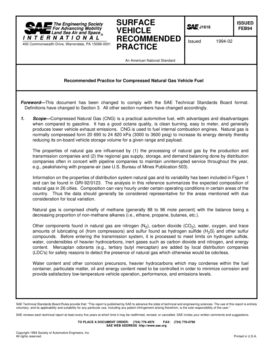 SAE J1616-1994 压缩天然气汽车燃料推荐规程.pdf_第1页