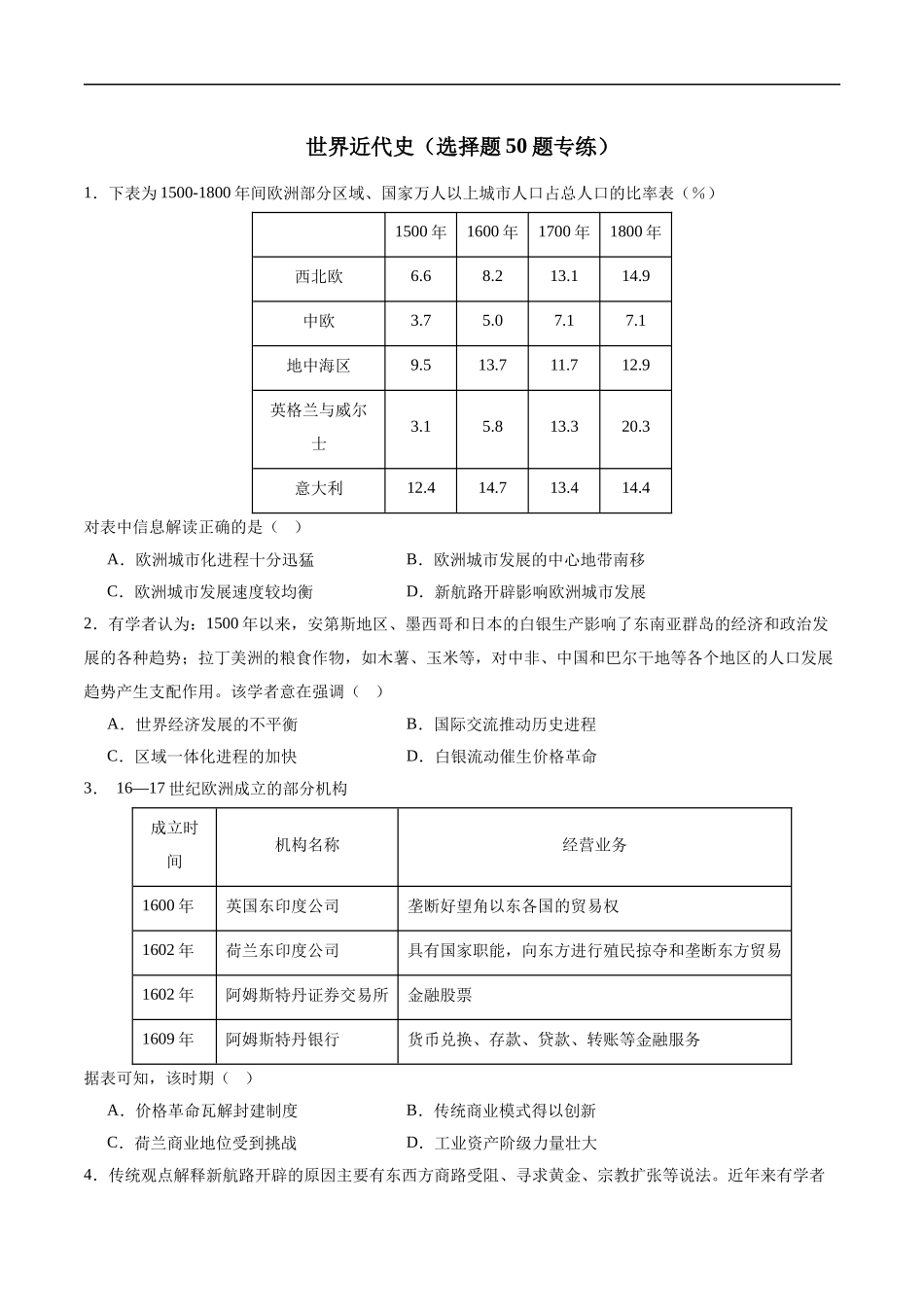 【消灭易错】《世界近代史》选择题50题专练（原卷版）-【高考历史】备战2025年高考易错题（新高考专用）.docx_第1页