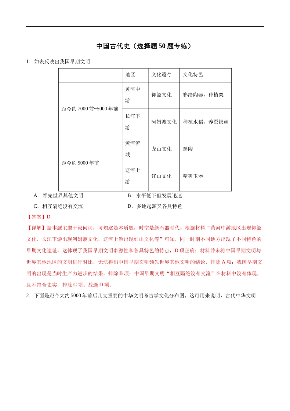 【消灭易错】《中国古代史》选择题50题专练（解析版）-【高考历史】备战2025年高考易错题（新高考专用）.docx_第1页