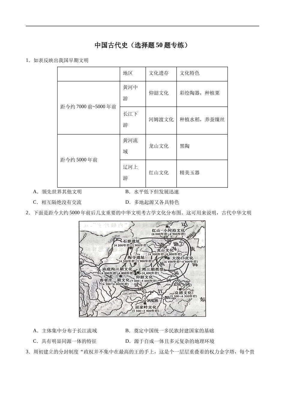 【消灭易错】《中国古代史》选择题50题专练（原卷版）-【高考历史】备战2025年高考易错题（新高考专用）.docx_第1页