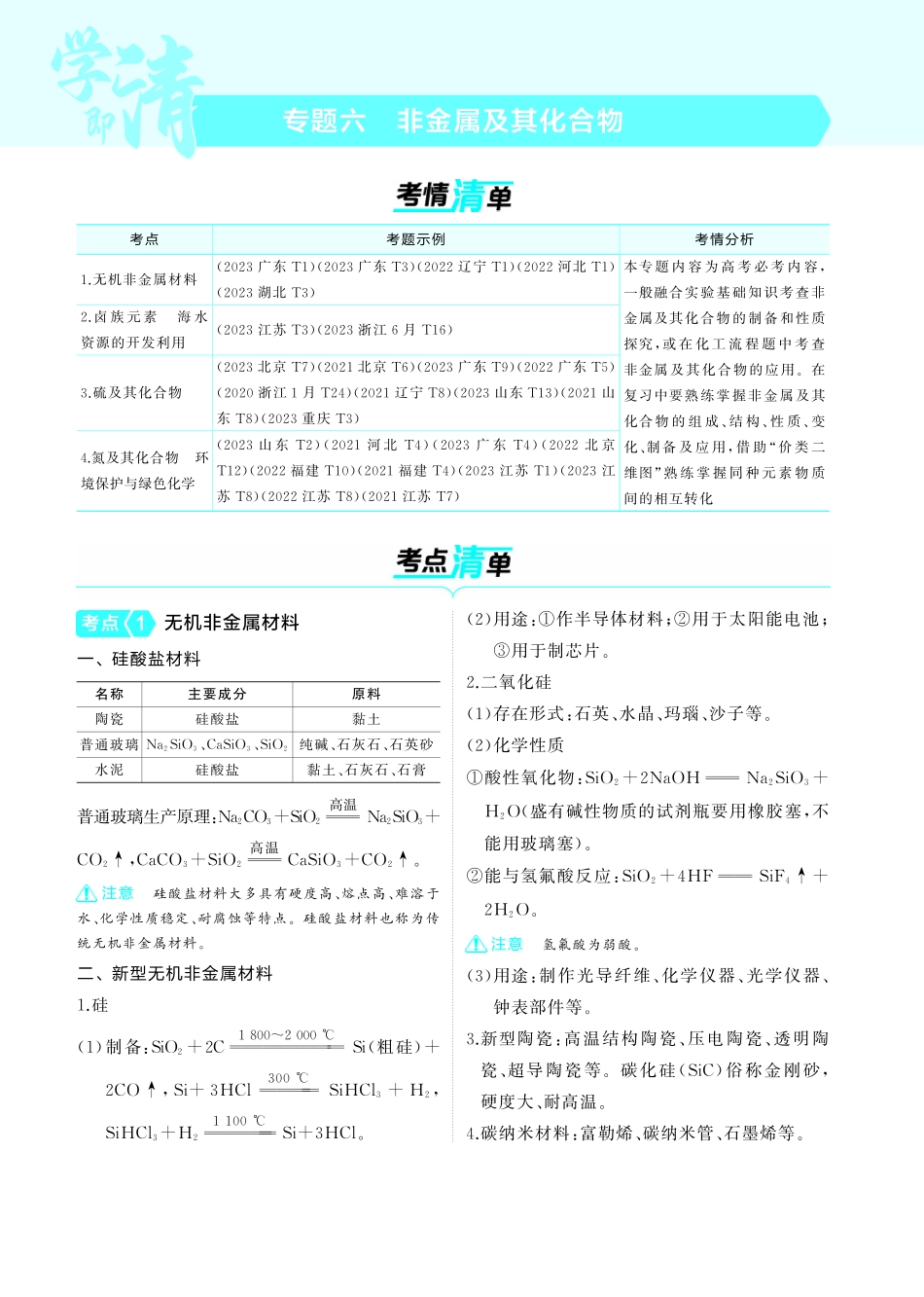 06专题六非金属及其化合物-【高考总复习】2025版新高考化学考点清单+模型清单.pdf_第1页