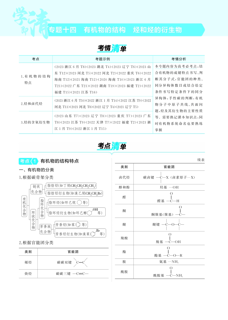14十四有机物的结构烃和烃的衍生物-【高考总复习】2025版新高考化学考点清单+模型清单.pdf_第1页