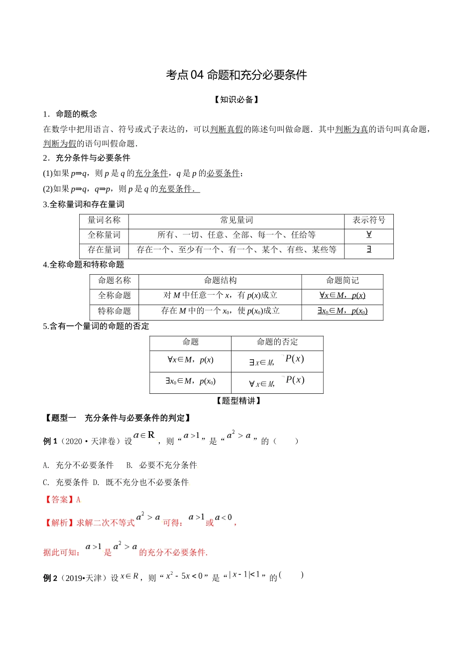 考点04 命题和充分必要条件（精讲）-高考数学第一阶段零基础or艺考生(解析版).docx_第1页