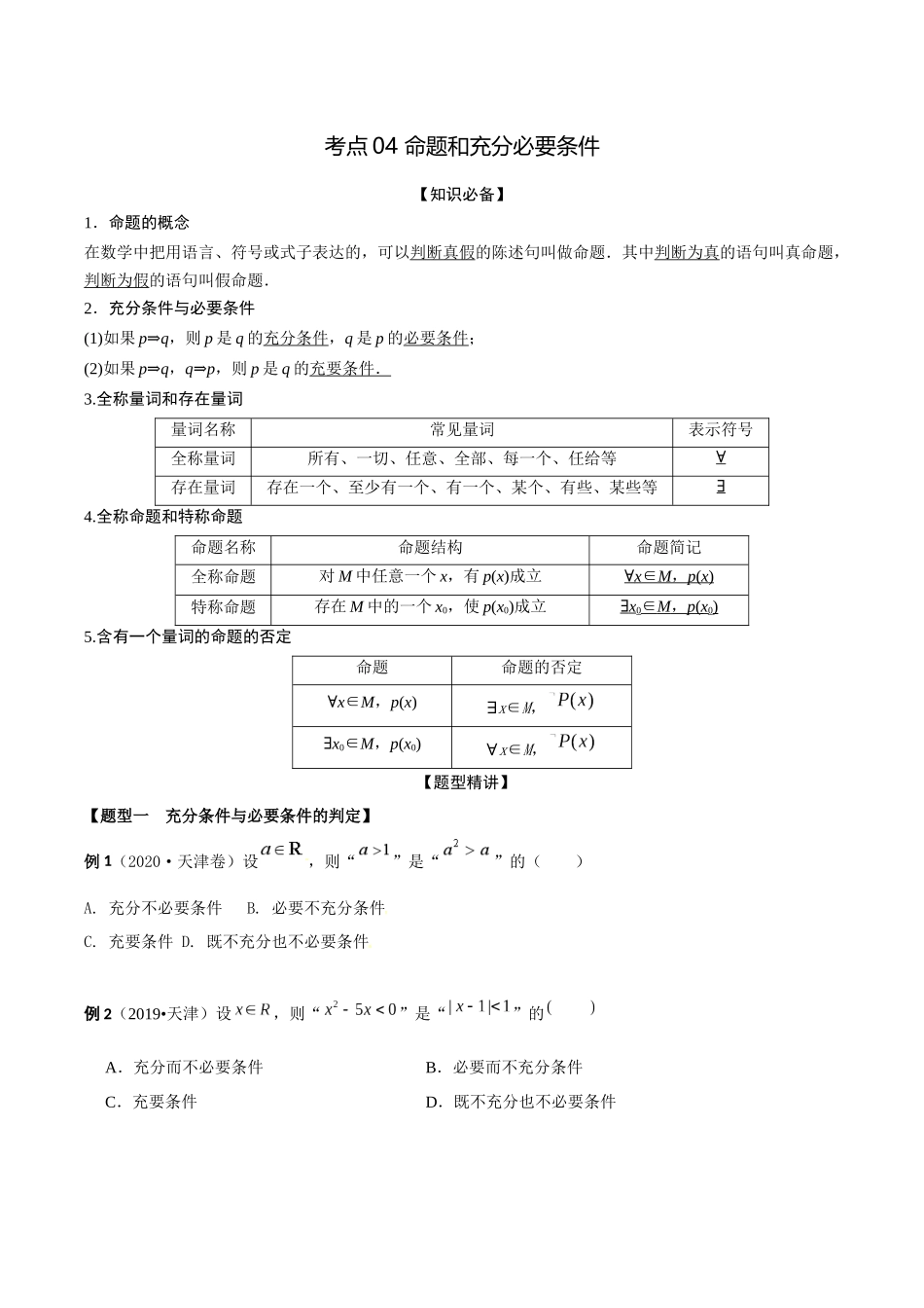 考点04 命题和充分必要条件（精讲）-高考数学第一阶段零基础or艺考生(原卷版) .docx_第1页