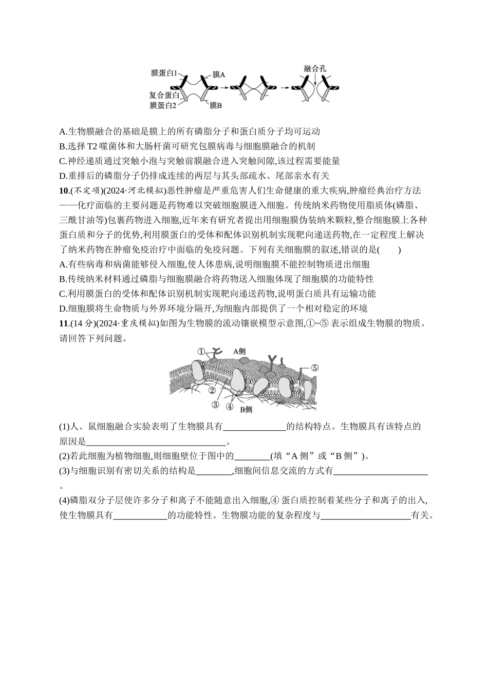 课时规范练5　细胞膜的结构与功能-【高考生物】2026优化设计一轮复习(生物)人教版.docx_第3页