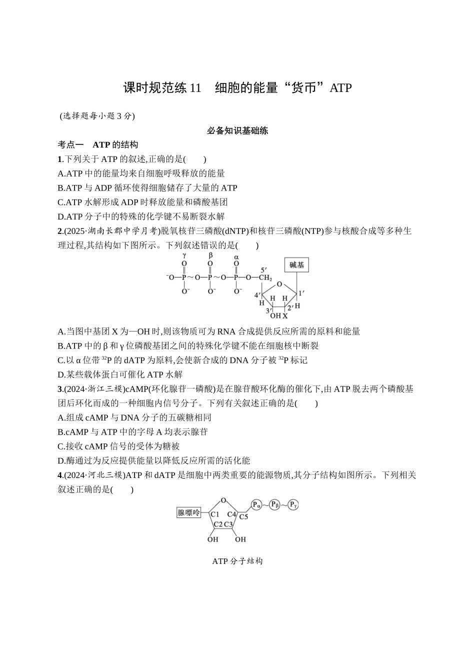 课时规范练11　细胞的能量“货币”ATP-【高考生物】2026优化设计一轮复习(生物)人教版.docx_第1页