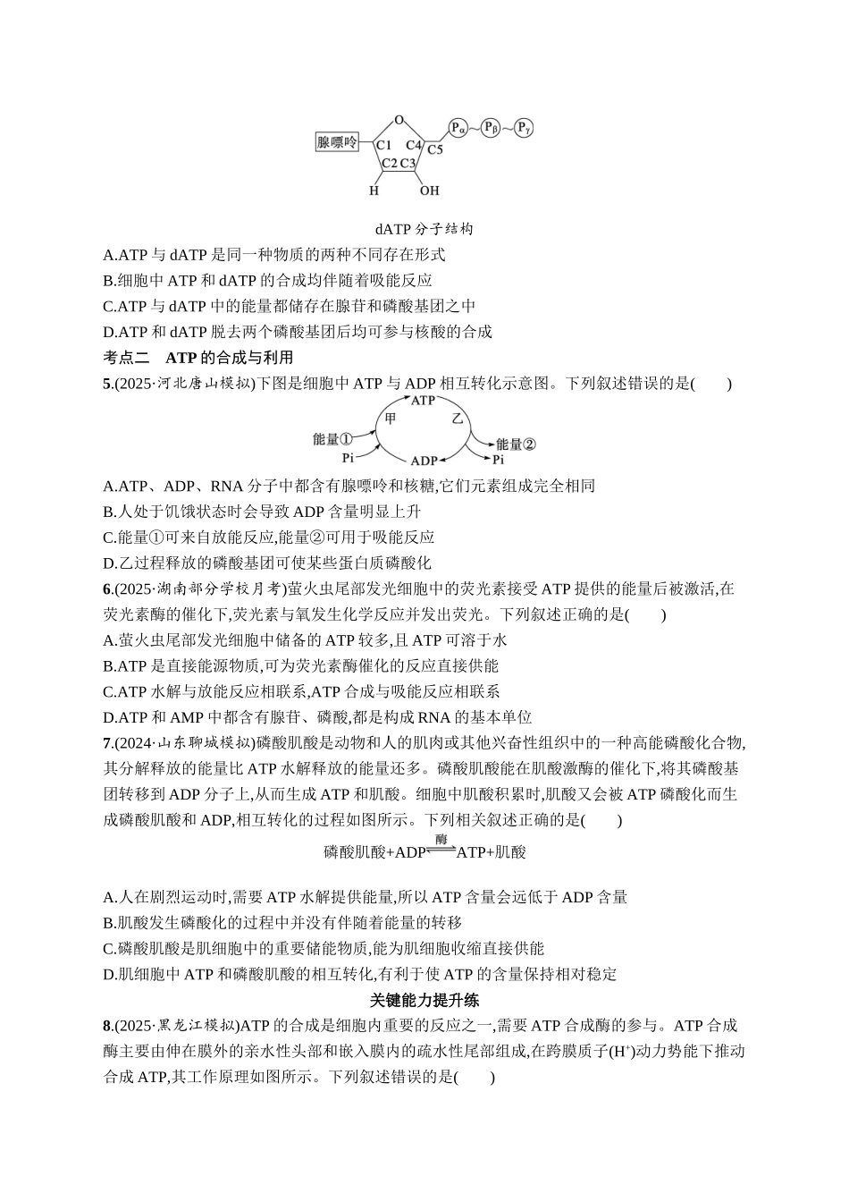 课时规范练11　细胞的能量“货币”ATP-【高考生物】2026优化设计一轮复习(生物)人教版.docx_第2页