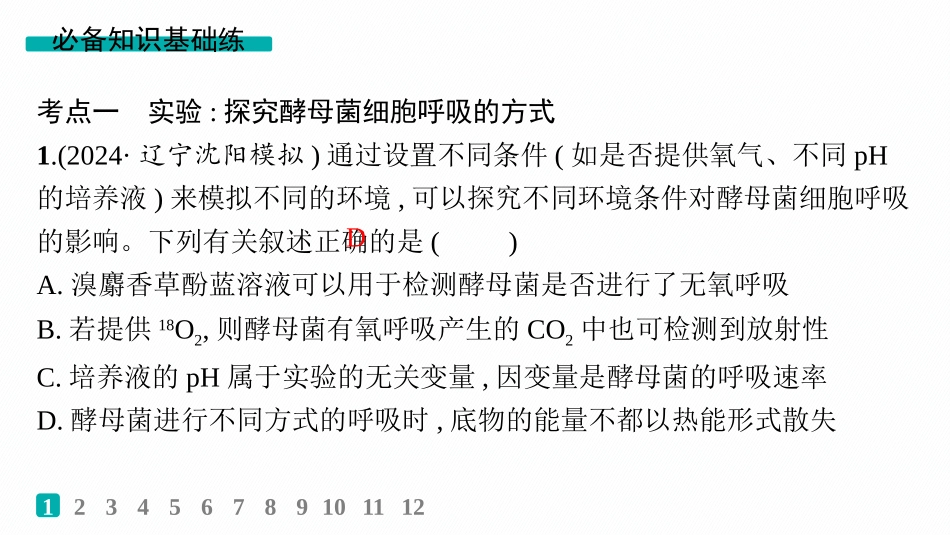 课时规范练13　探究酵母菌细胞呼吸的方式、影响细胞呼吸的因素及细胞呼吸原理的应用-【高考生物】2026优化设计一轮复习(生物).pptx_第2页