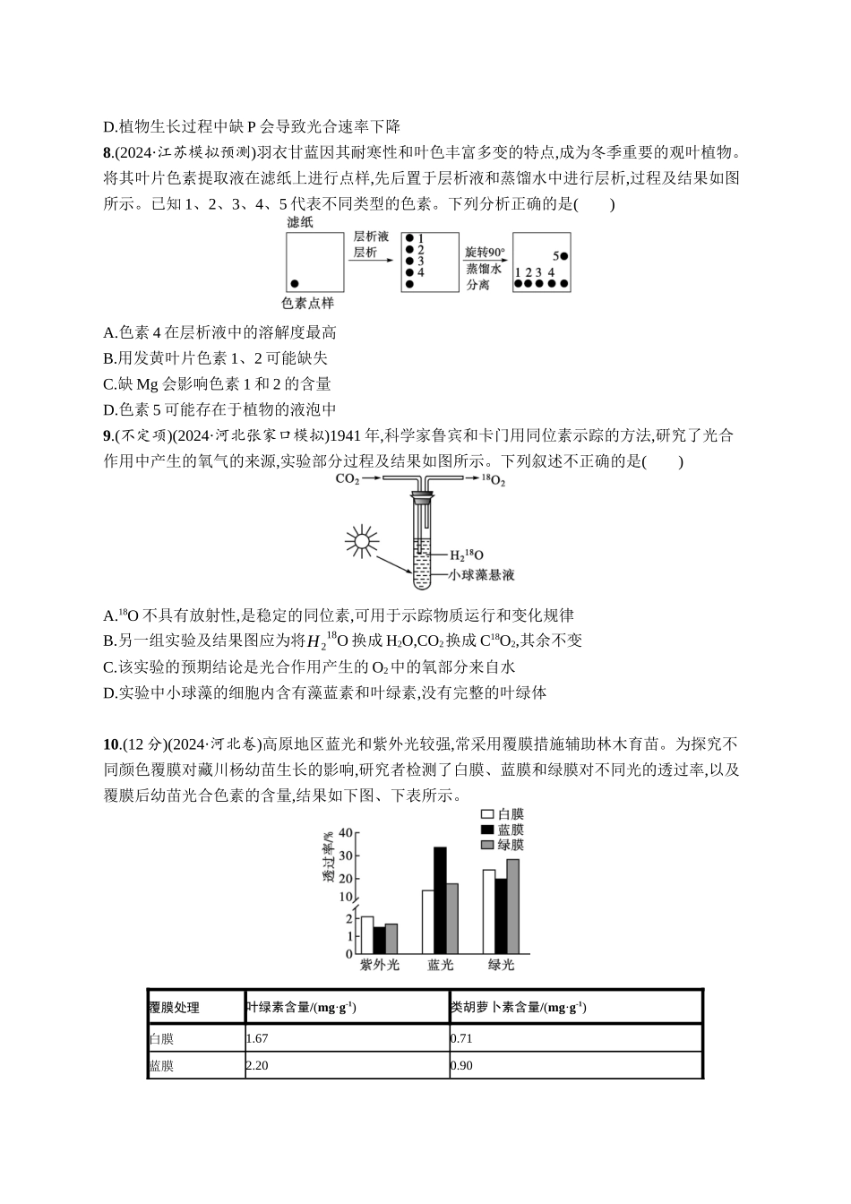 课时规范练14　捕获光能的色素结构、光合作用原理的探索-【高考生物】2026优化设计一轮复习(生物)人教版.docx_第3页