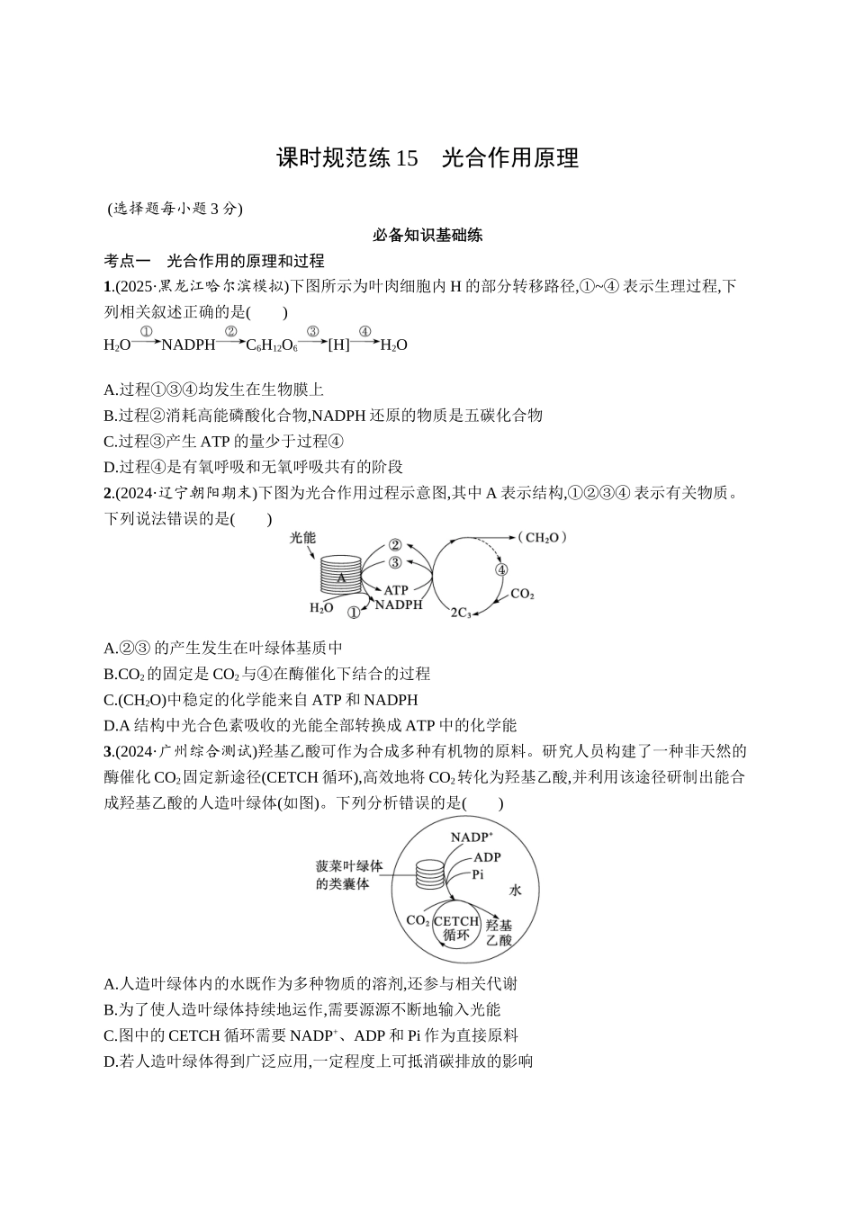 课时规范练15　光合作用原理-【高考生物】2026优化设计一轮复习(生物)人教版.docx_第1页
