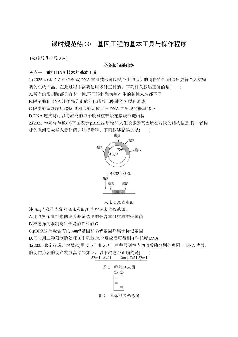 课时规范练60　基因工程的基本工具与操作程序-【高考生物】2026优化设计一轮复习(生物)人教版.docx_第1页