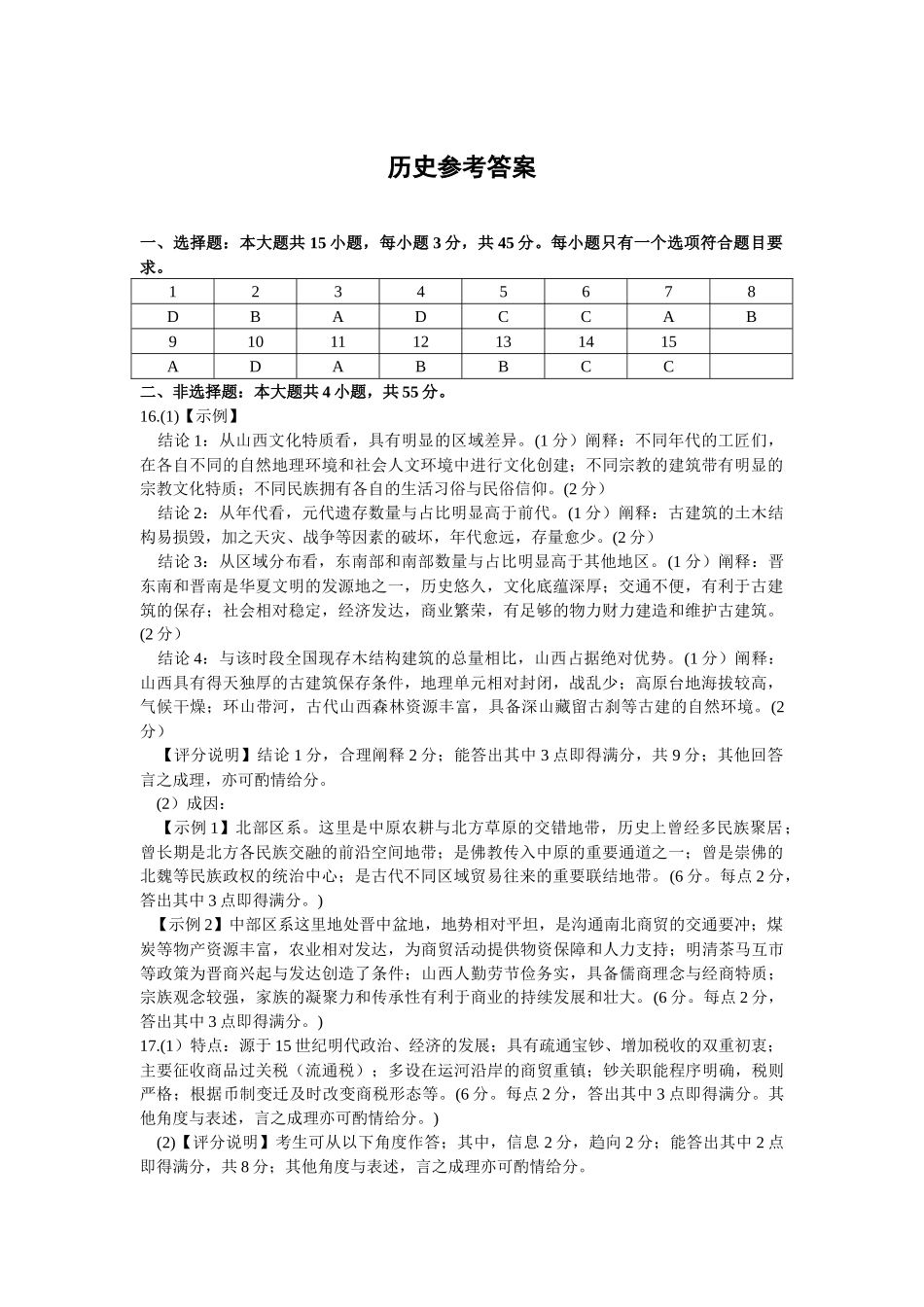 山东省聊城市2023-2024学年高二下学期期末教学质量抽测考试历史试卷答案.docx_第1页