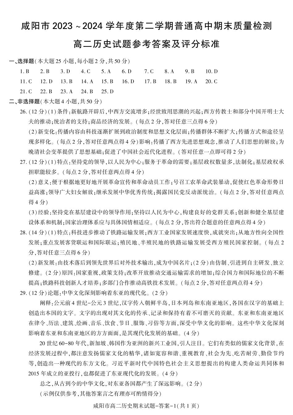 陕西省咸阳市普通高中2023-2024学年高二下学期7月期末质量检测考试历史试卷答案.pdf_第1页