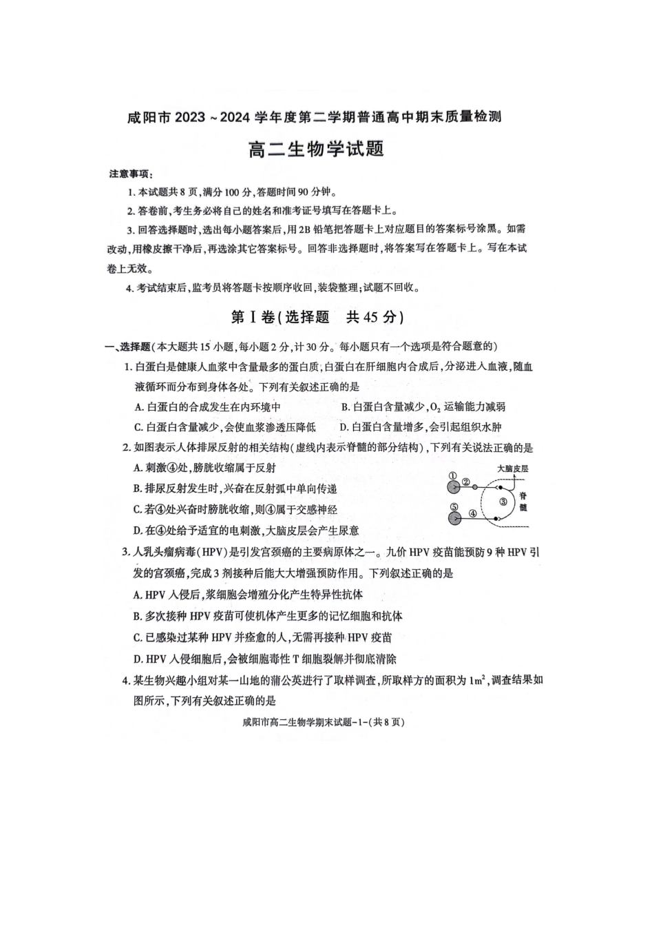 陕西省咸阳市普通高中2023-2024学年高二下学期7月期末质量检测考试生物试卷.pdf_第1页