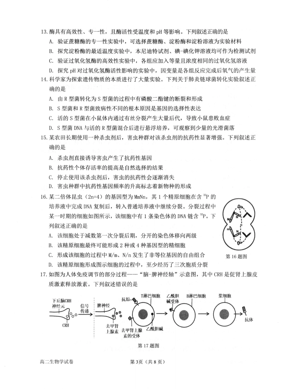 生物试卷（衢州高二下期末考）【浙江卷】【高二下期末考】浙江省衢州市2025年6月高二年级下学期6月教学质量检测试卷（6.19-6.20）.pdf_第3页