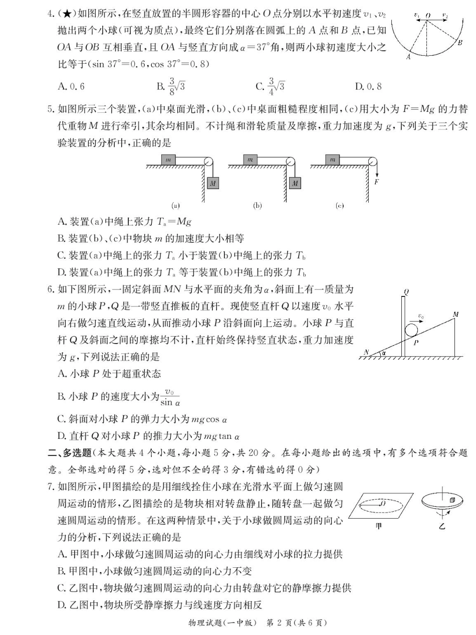 物理试卷（高一入学Y）【Top50强校】【湖南卷】【高一】湖南省长沙市第一中学2024-2025学年高一下学期入学考试（2.20-2.21）.pdf_第2页