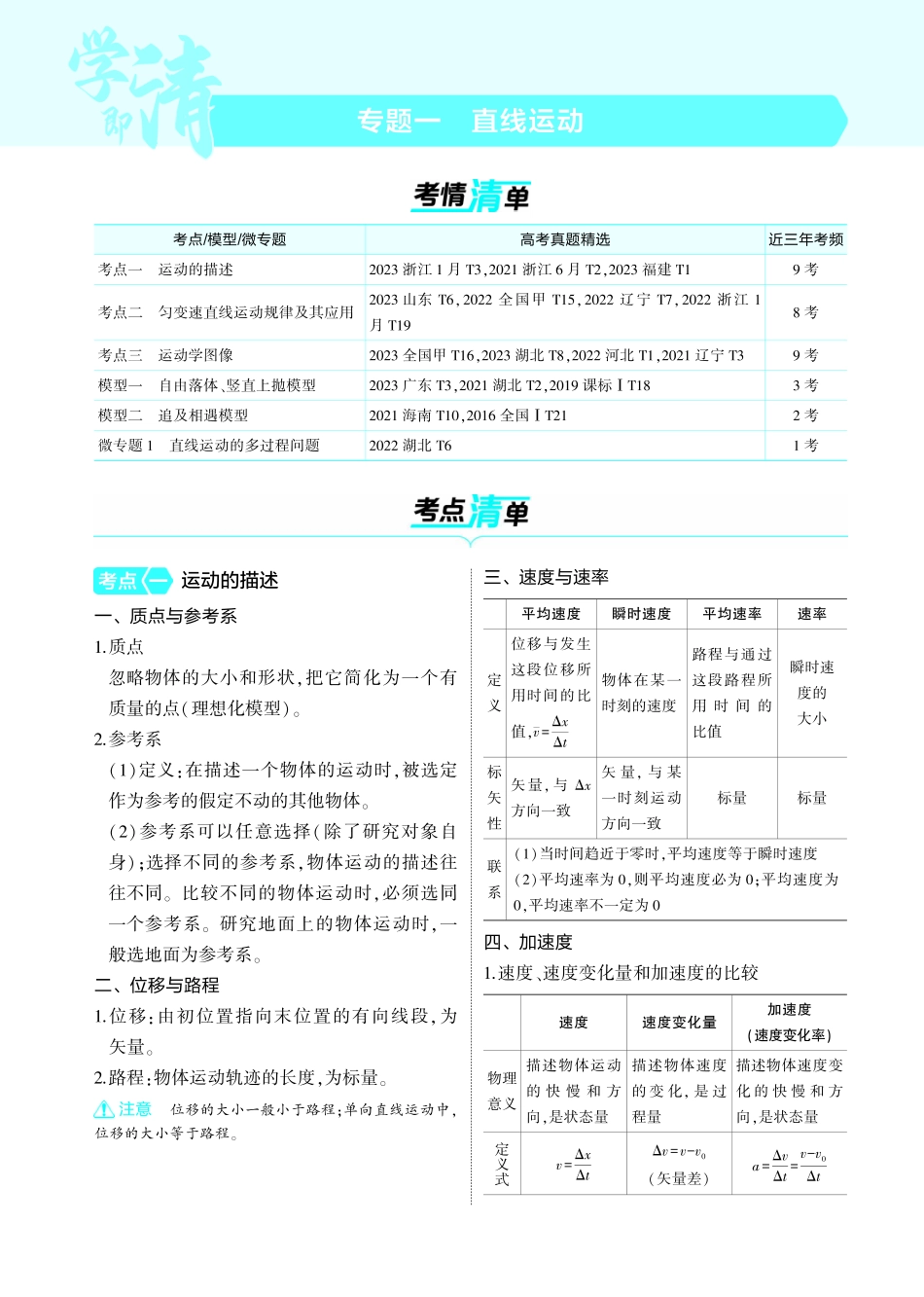 新高考版专题一 考点清单+模型清单-【高考总复习】2025版新高考物理考点清单+模型清单.pdf_第1页