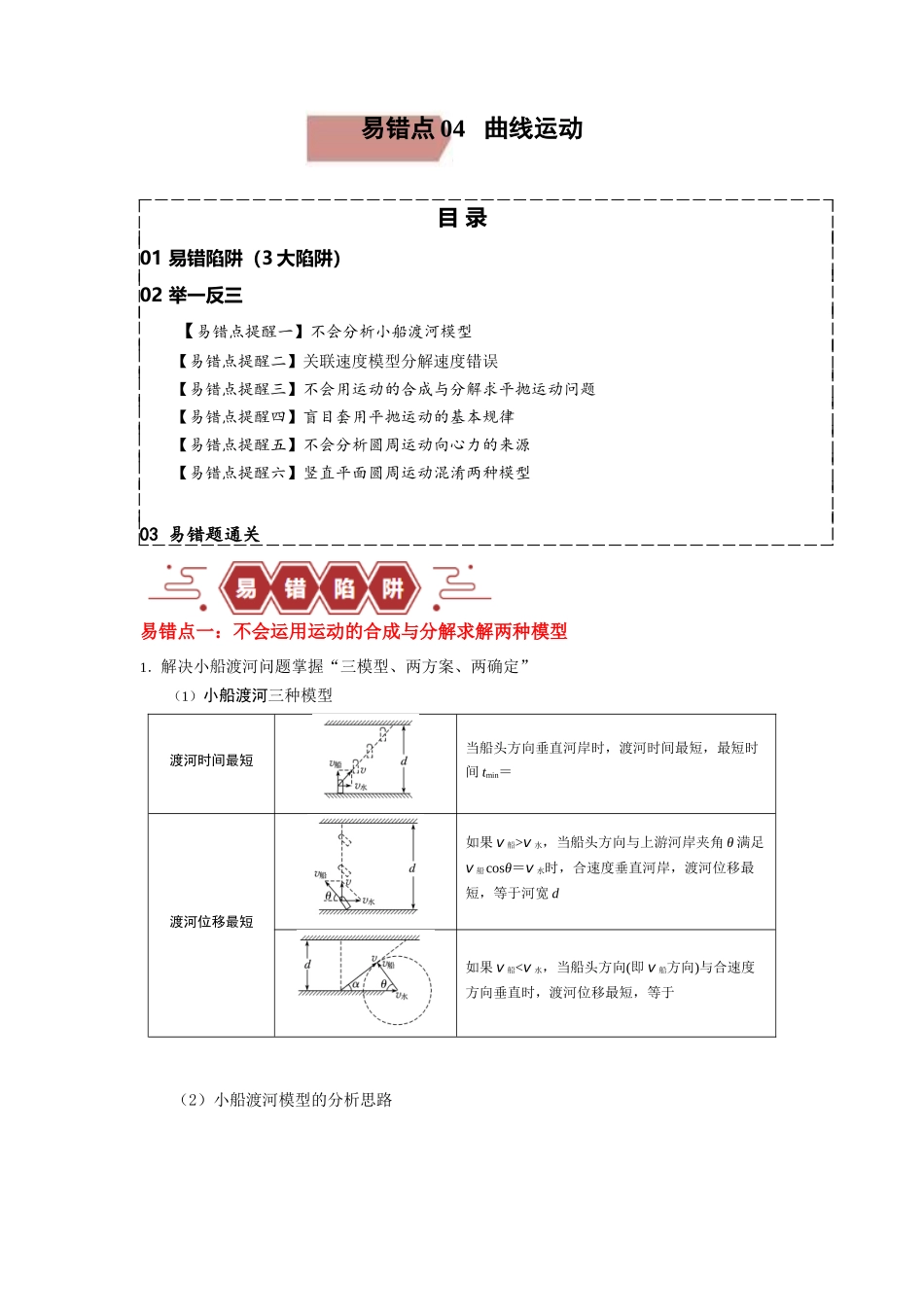 易错点04 曲线运动-（3大陷阱）-备战2024年高考物理考试易错题（原卷版）.docx_第1页