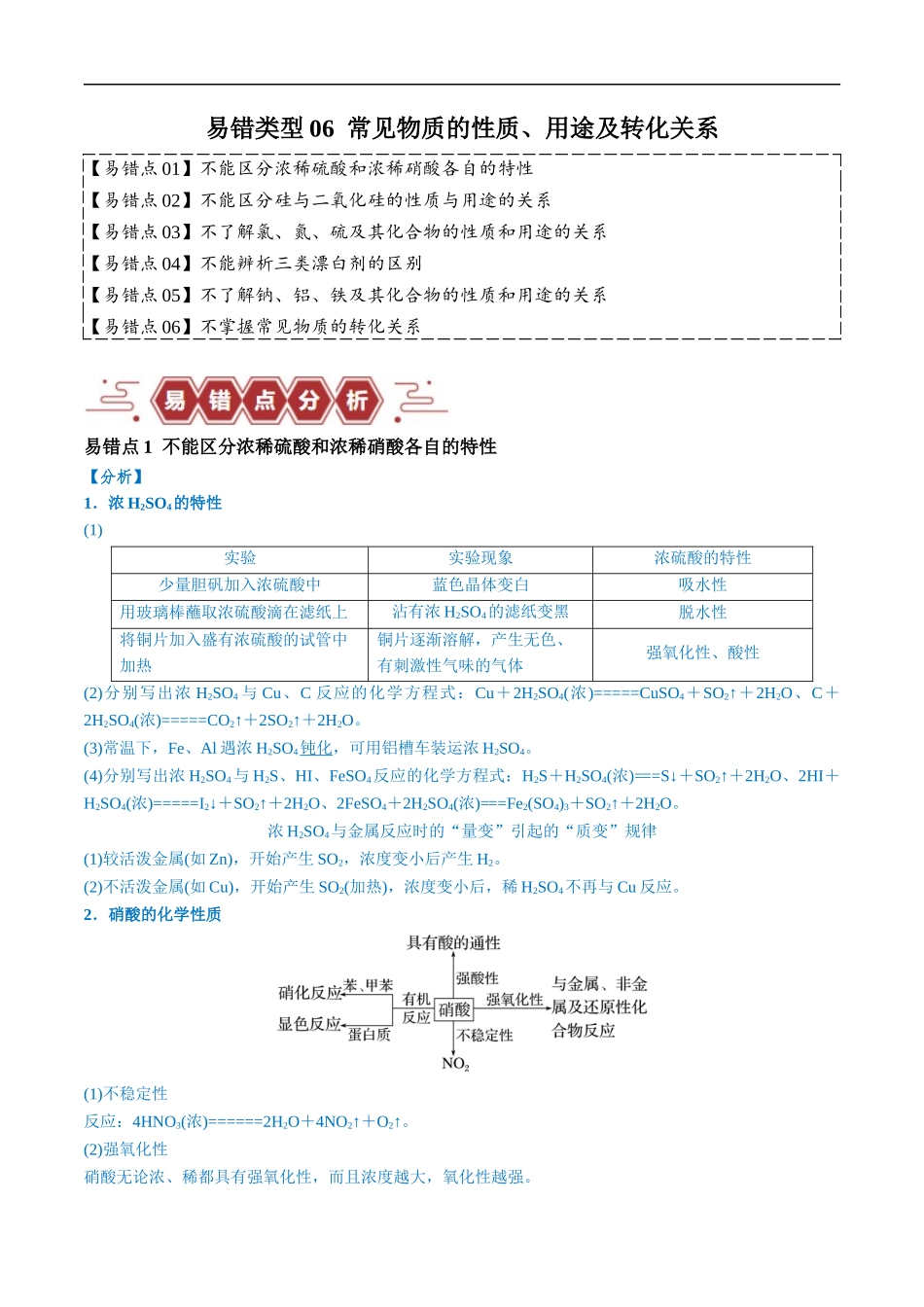 易错类型06 常见物质的性质、用途及转化关系（6大易错点）（解析版）-【高考化学】备战2025年高考易错题（新全国通用）.docx_第1页