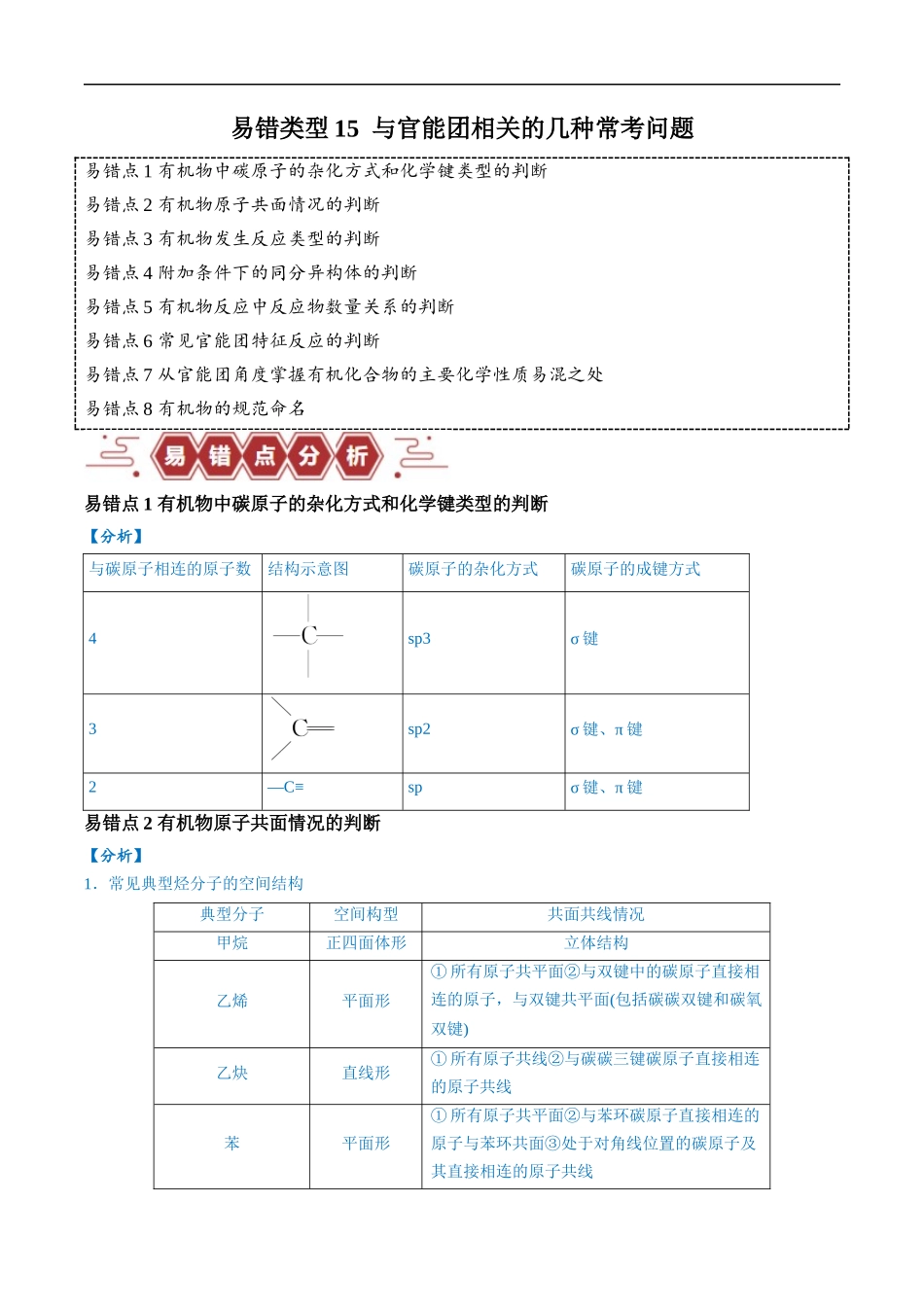 易错类型15 与官能团相关的几种常考问题（8大易错点）（原卷版）-【高考化学】备战2025年高考易错题（新全国通用）.docx_第1页