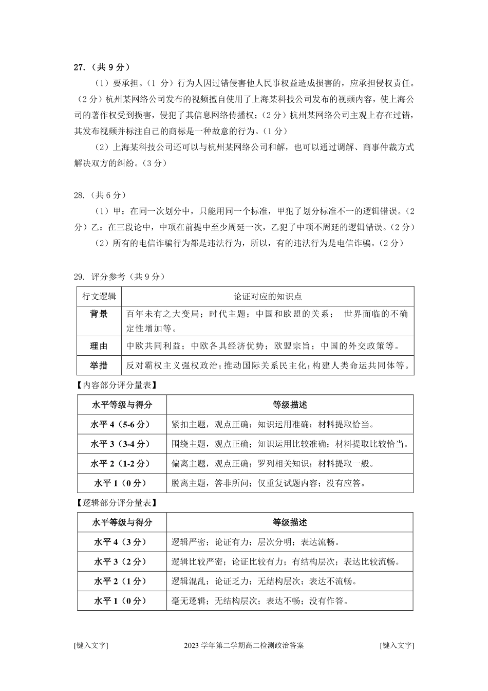 浙江省杭州市2023-2024学年高二下学期6月期末考试政治答案.pdf_第2页
