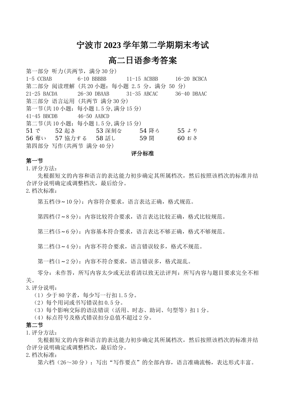浙江省宁波市2023-2024学年高二下学期6月期末考试日语参考答案.docx_第1页
