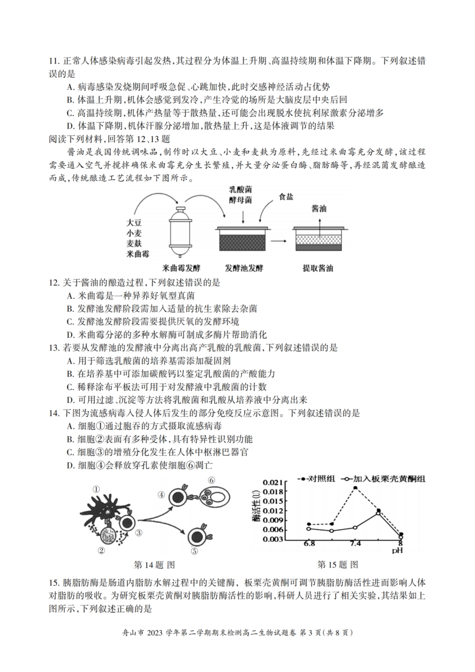 浙江省宁波舟山市2023学年高二第二学期期末检测考试(6.28-6.30)生物试卷.pdf_第3页