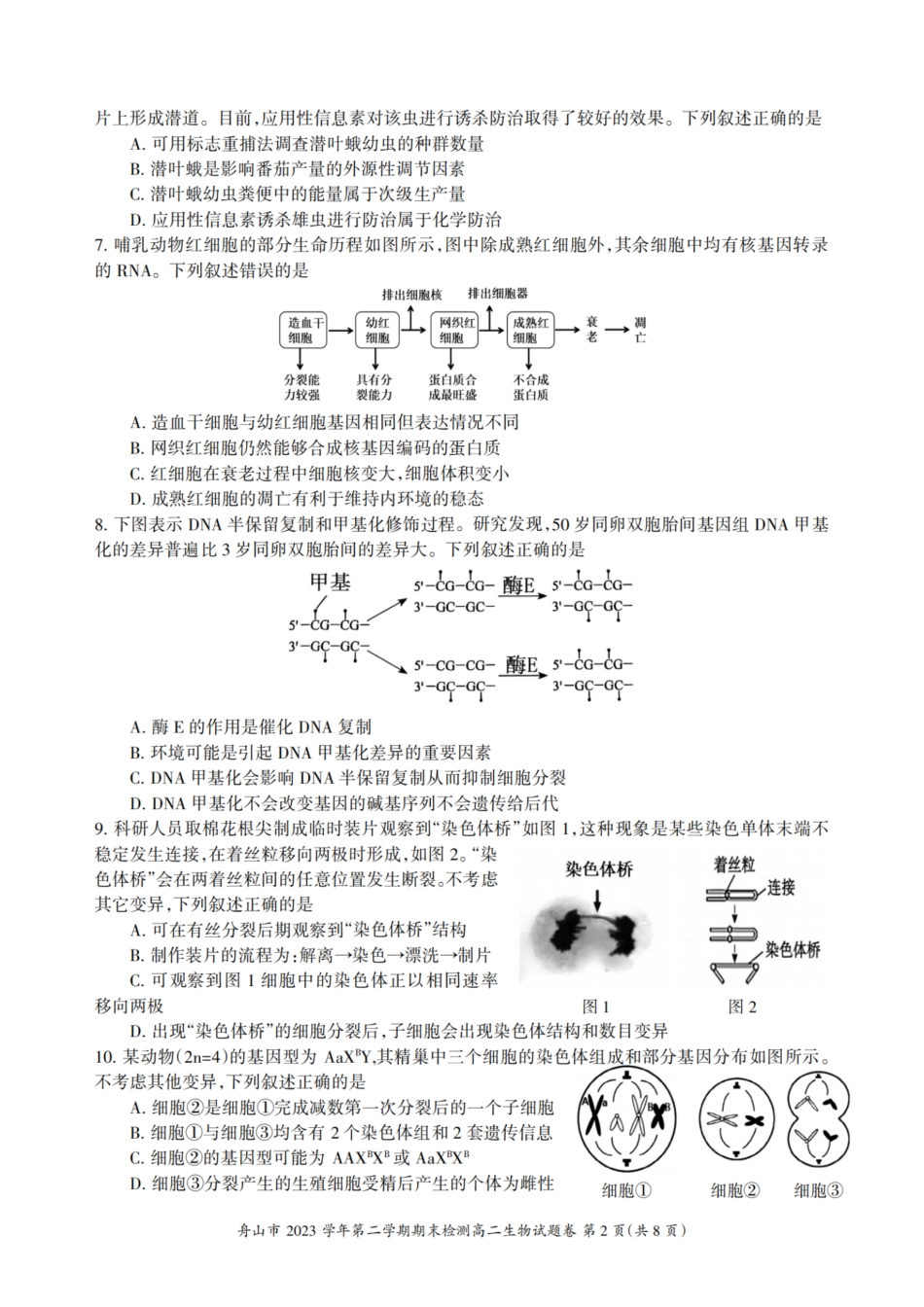 浙江省宁波舟山市2023学年高二第二学期期末检测考试生物试卷.pdf_第2页