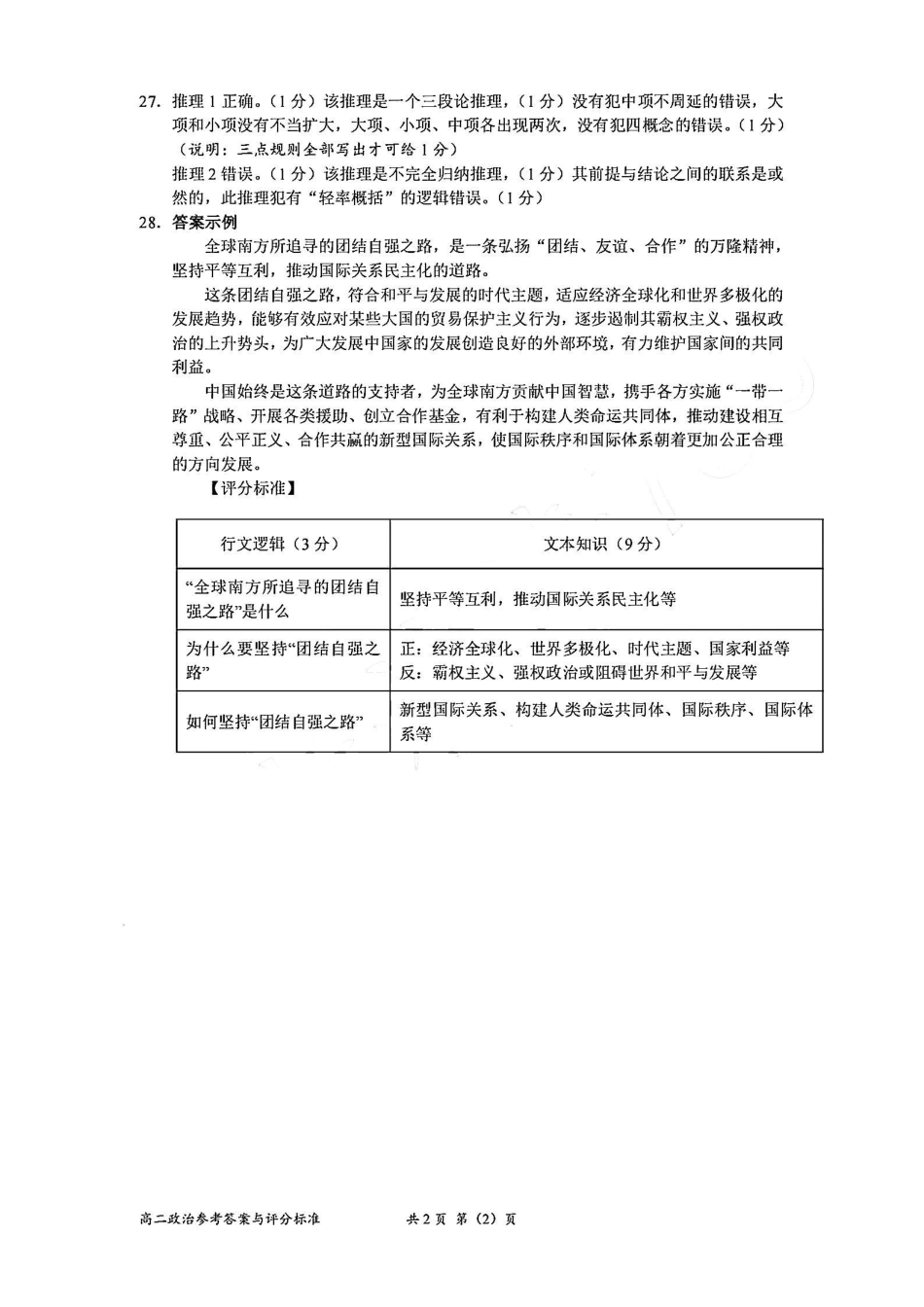 浙江省衢州市2024-2025学年高二下学期6月教学质量检测政治答案-2506衢州高二期末.pdf_第2页