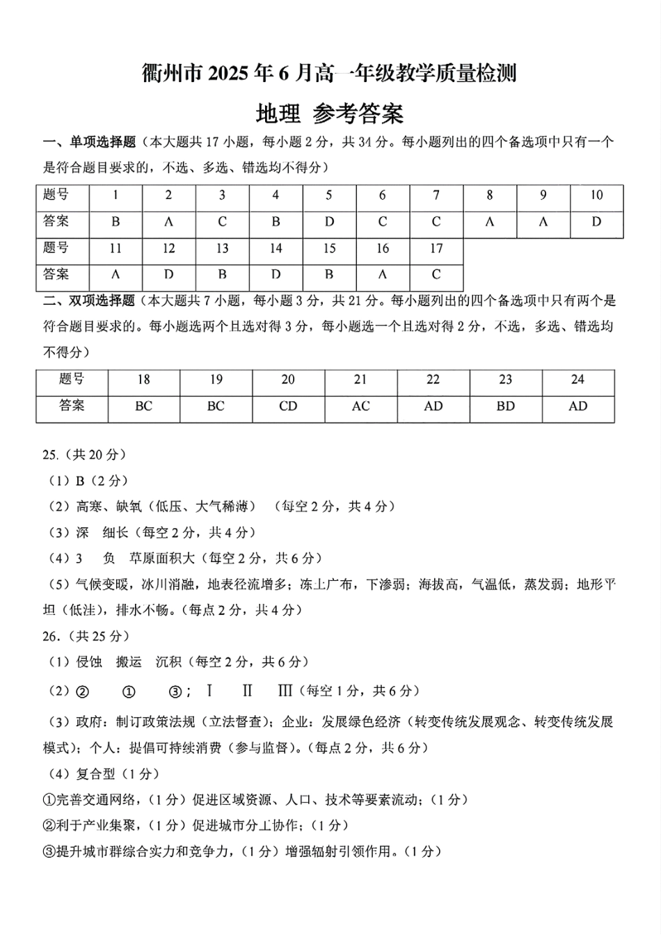 浙江省衢州市2024-2025学年高一下学期6月教学质量检测地理答案.pdf_第1页