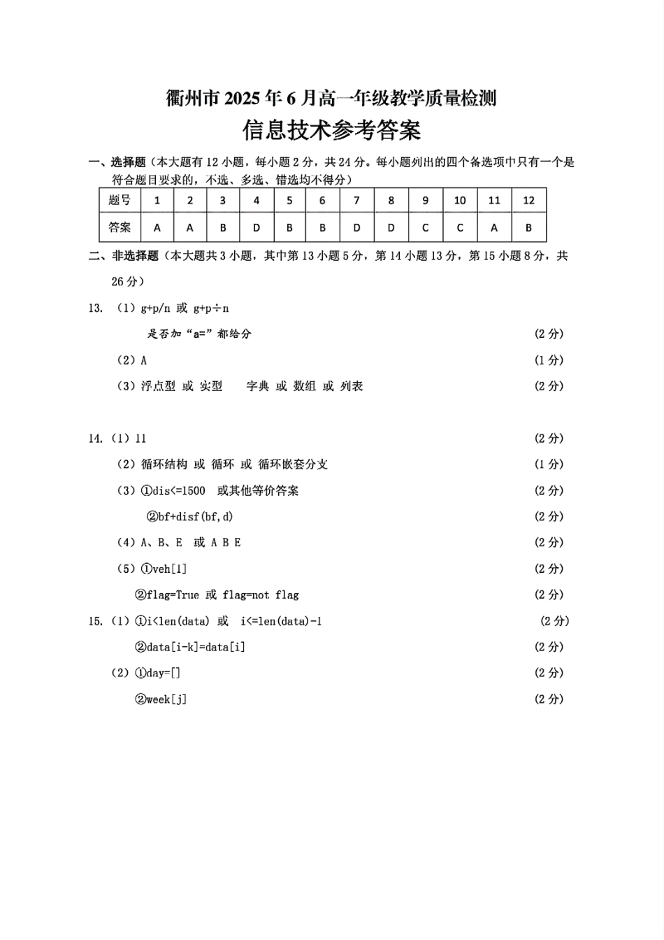 浙江省衢州市2024-2025学年高一下学期6月教学质量检测技术答案.pdf_第1页