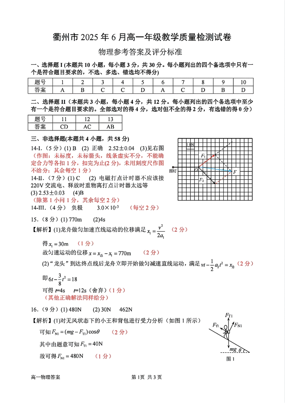 浙江省衢州市2024-2025学年高一下学期6月教学质量检测扫描件_物理参考答案及评分标准.pdf_第1页