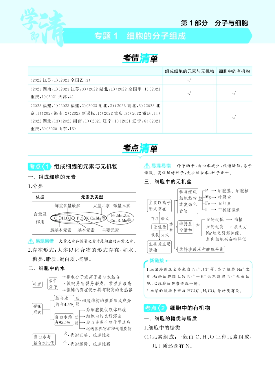 专题1   细胞的分子组成-【高考总复习】2025版新高考生物考点清单+模型清单.pdf_第1页
