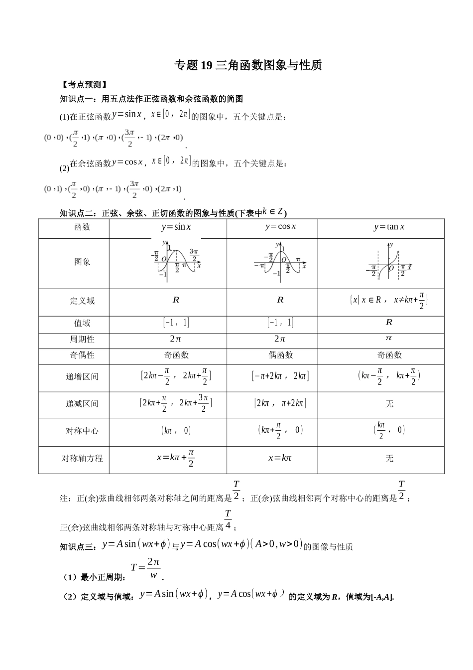 专题19 三角函数图象与性质 （解析版）-高考数学第二阶段零基础or艺考生.docx_第1页