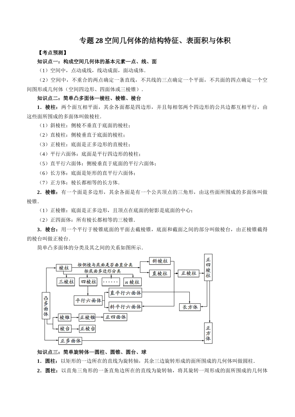 专题28 空间几何体的结构特征、表面积与体积（原卷版）-高考数学第二阶段零基础or艺考生.docx_第1页