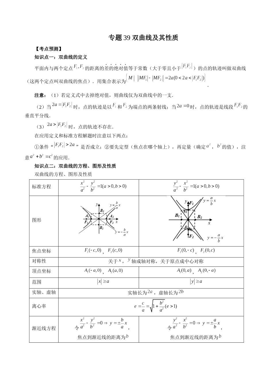 专题39 双曲线及其性质（解析版）-高考数学第二阶段零基础or艺考生.docx_第1页