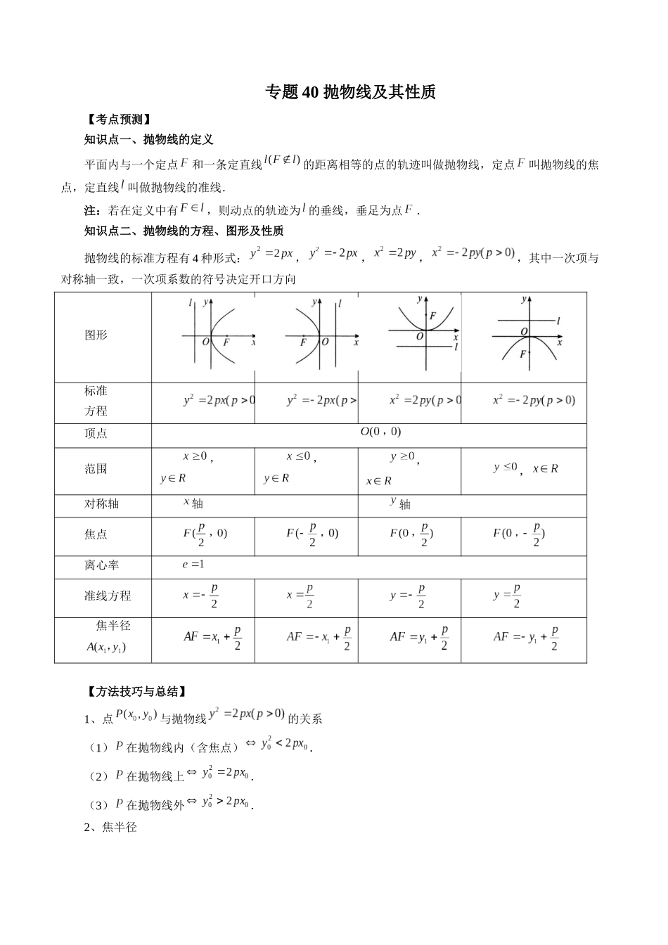 专题40 抛物线及其性质（原卷版）-高考数学第二阶段零基础or艺考生.docx_第1页