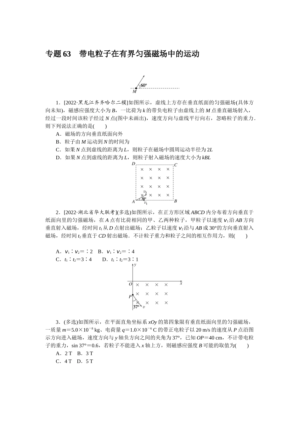 专题63带电粒子在有界匀强磁场中的运动-微专题 小练习物理L-5.docx_第1页