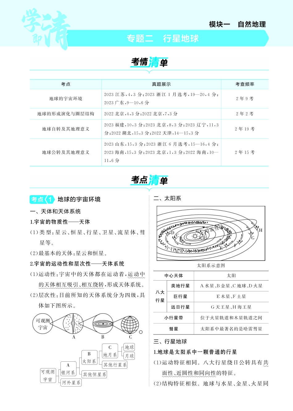 专题二行星地球-【高考总复习】2025版新高考 地理考点清单+模型清单.pdf_第1页