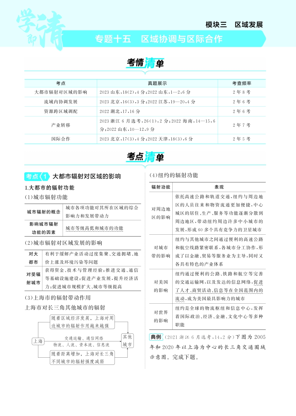 专题十五 区域协调与区际合作-【高考总复习】2025版新高考 地理考点清单+模型清单.pdf_第1页