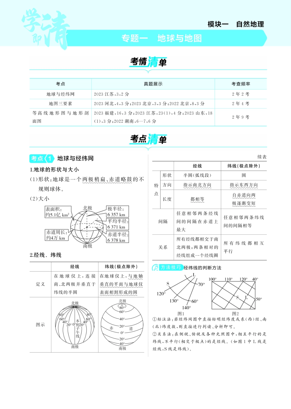 专题一地球与地图-【高考总复习】2025版新高考 地理考点清单+模型清单.pdf_第1页