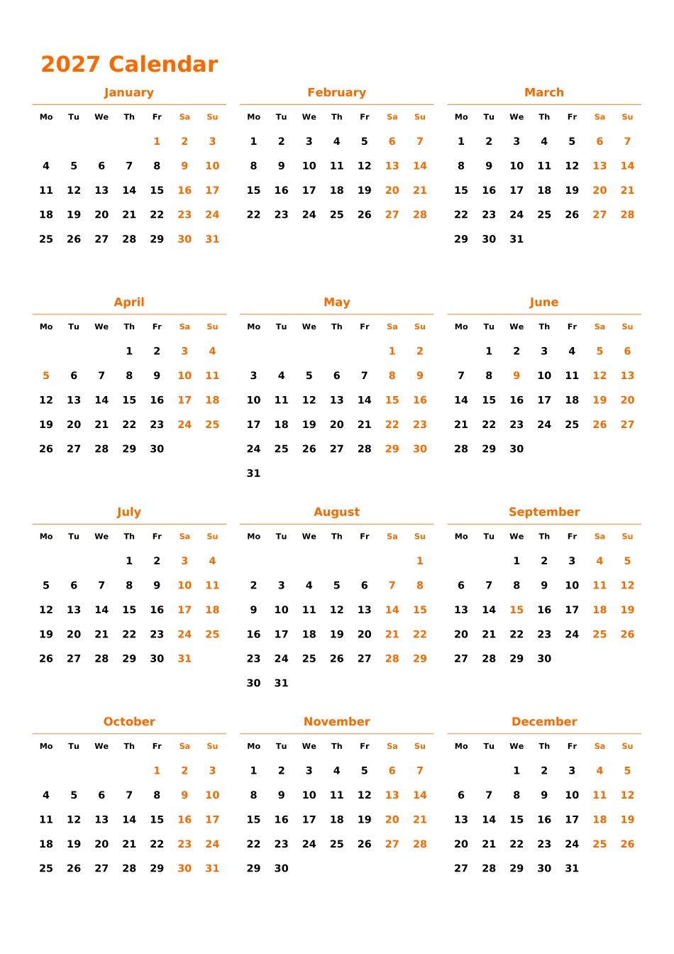 日历表2027年日历英文版纵向排版周一开始带节假日调休安排.xlsx_第1页