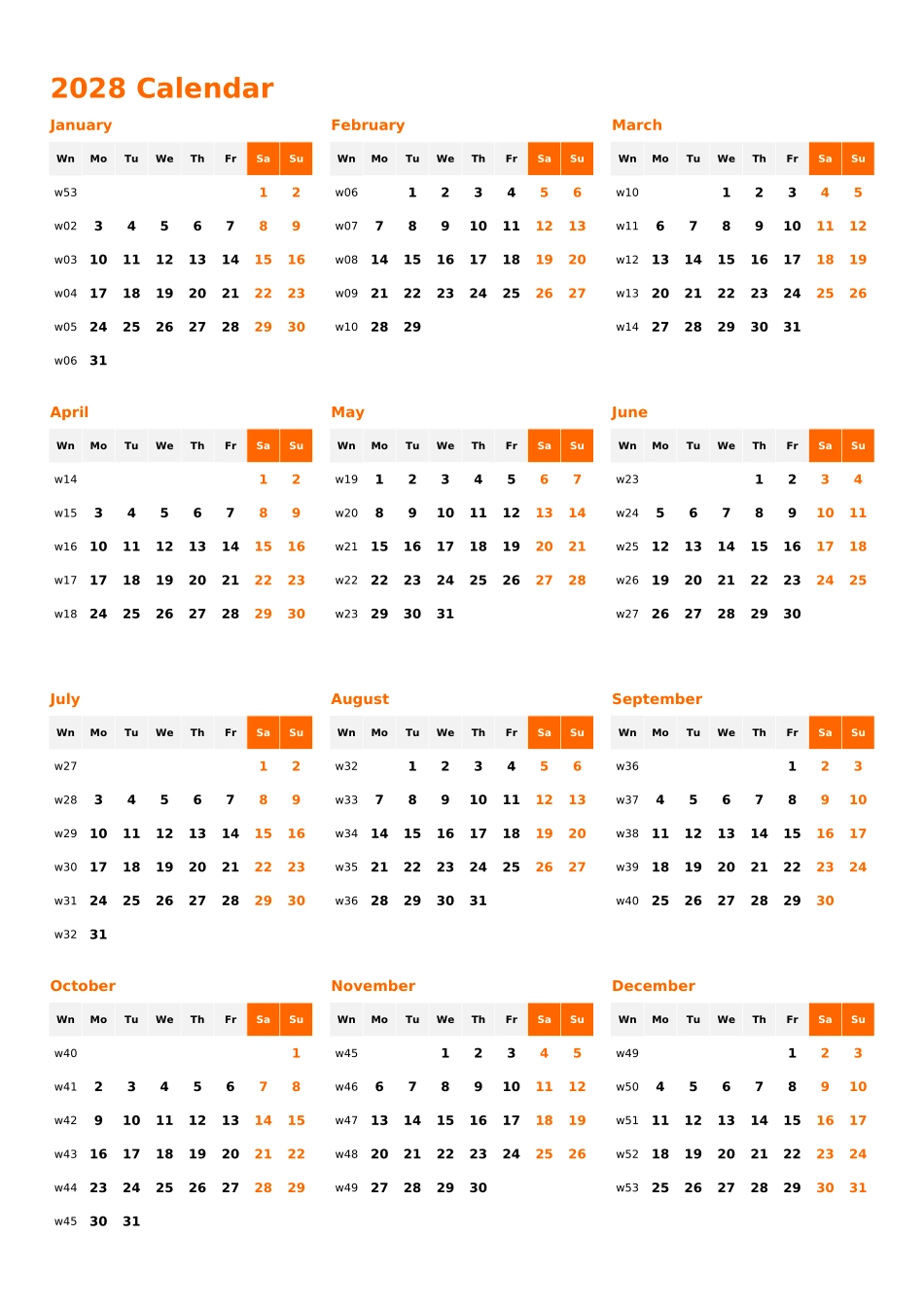 日历表2028年日历英文版纵向排版周一开始带周数2.xlsx_第1页