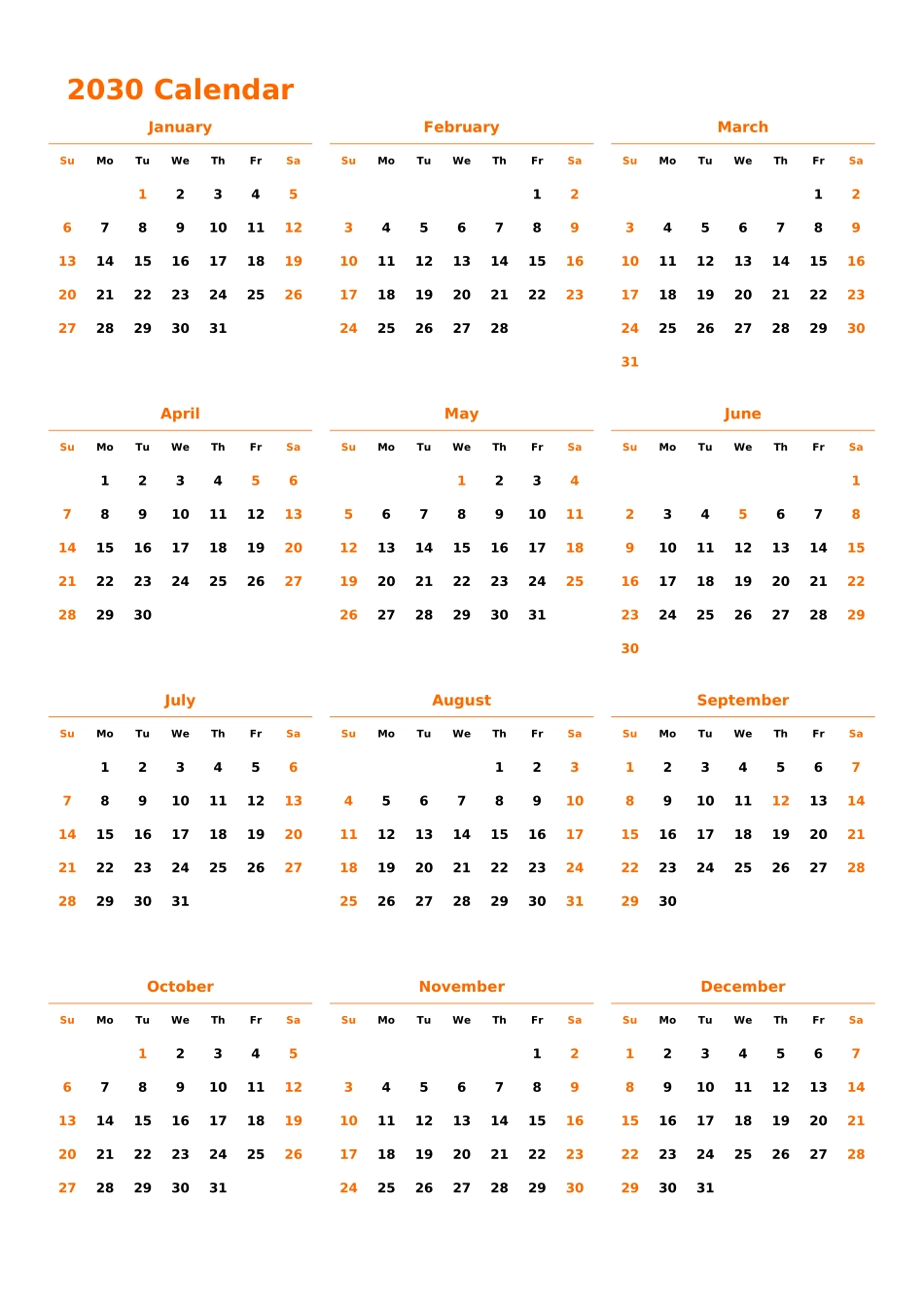 日历表2030年日历英文版纵向排版周日开始带节假日调休安排.xlsx_第1页