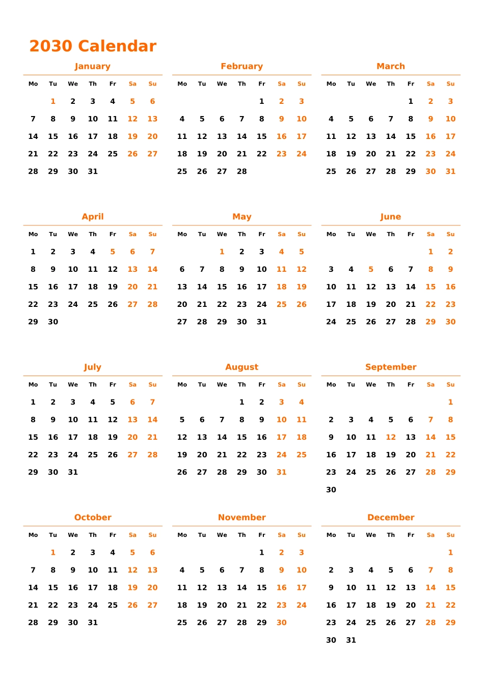 日历表2030年日历英文版纵向排版周一开始带节假日调休安排.xlsx_第1页