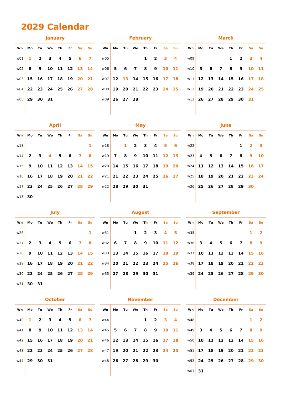 日历表2029年日历英文版纵向排版周一开始带周数带节假日调休安排.xlsx_第1页