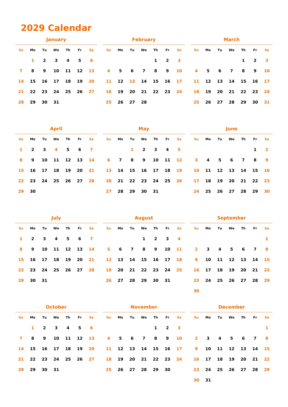 日历表2029年日历英文版纵向排版周日开始带节假日调休安排.xlsx_第1页